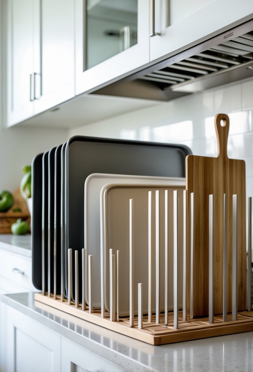 v2 11kmry nkdme A kitchen countertop with vertical dividers organizing baking sheets and cutting boards neatly.