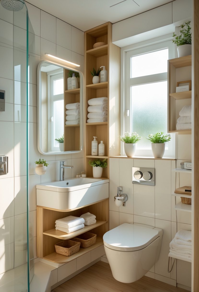 v2 11kmu0 0vvrd A compact bathroom with a corner shower, wall-mounted sink, vertical storage, and small plants, designed to maximize space.