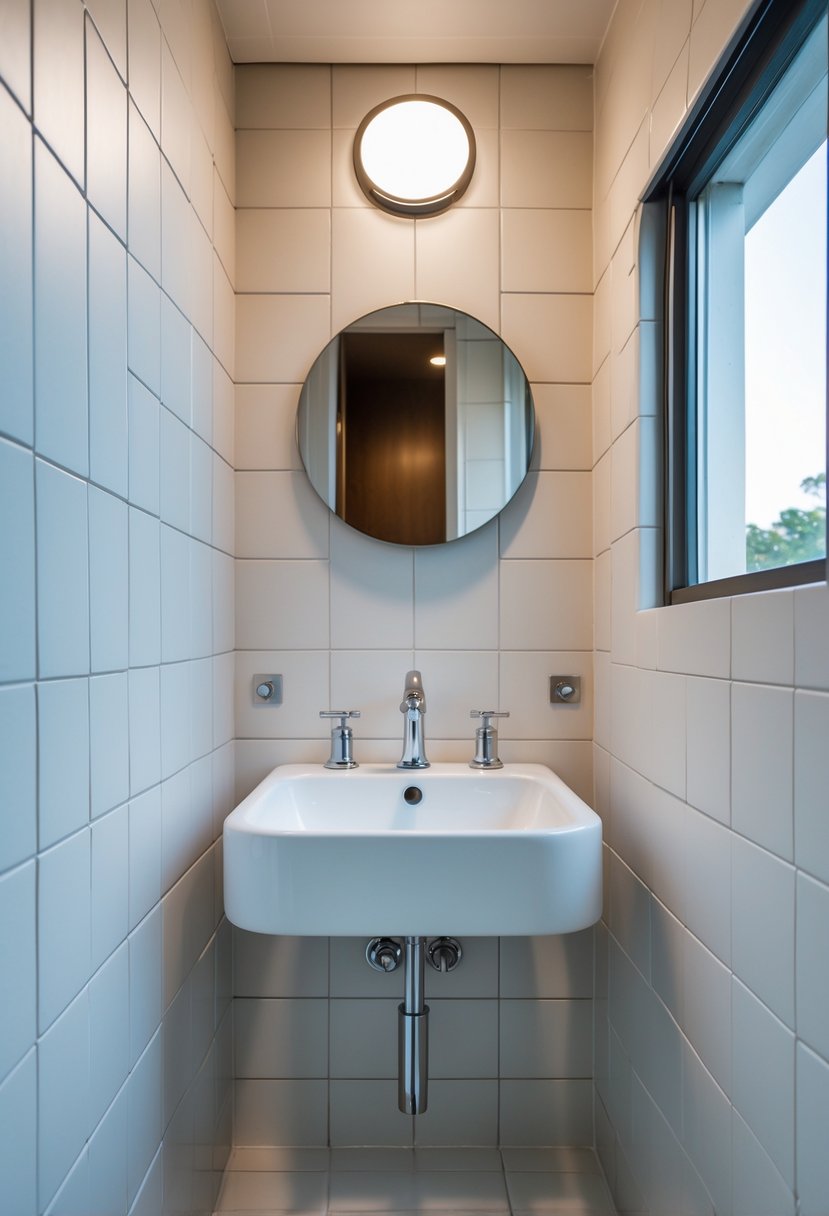 v2 11kmug bheeq A small bathroom with a wall-mounted sink installed to save floor space, featuring a mirror and minimalist fixtures.