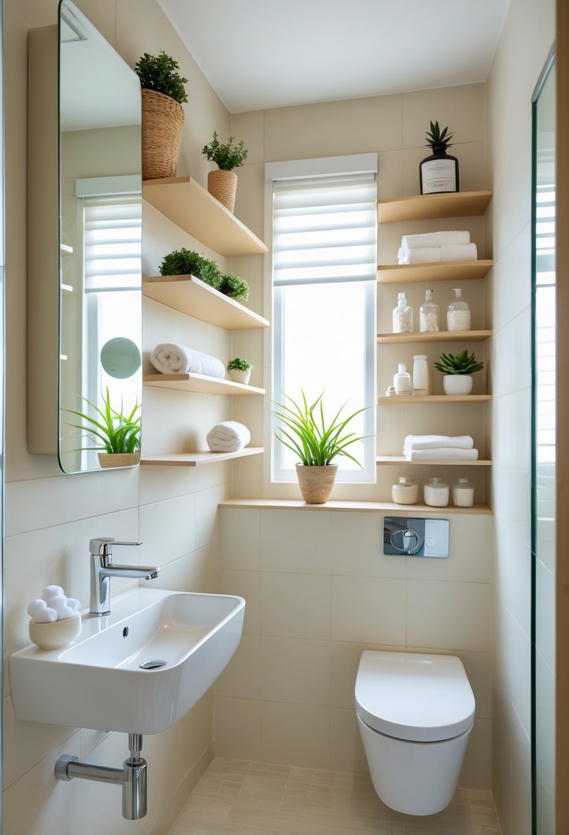 v2 11kmux hfg11 A small bathroom with floating shelves holding towels, plants, and jars above a white sink and mirror.