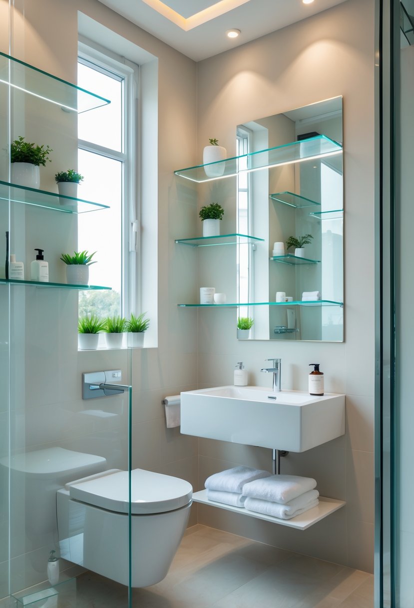 v2 11kmvb acvdq A small bathroom with glass shelves holding toiletries and plants, brightened by natural light from a window.