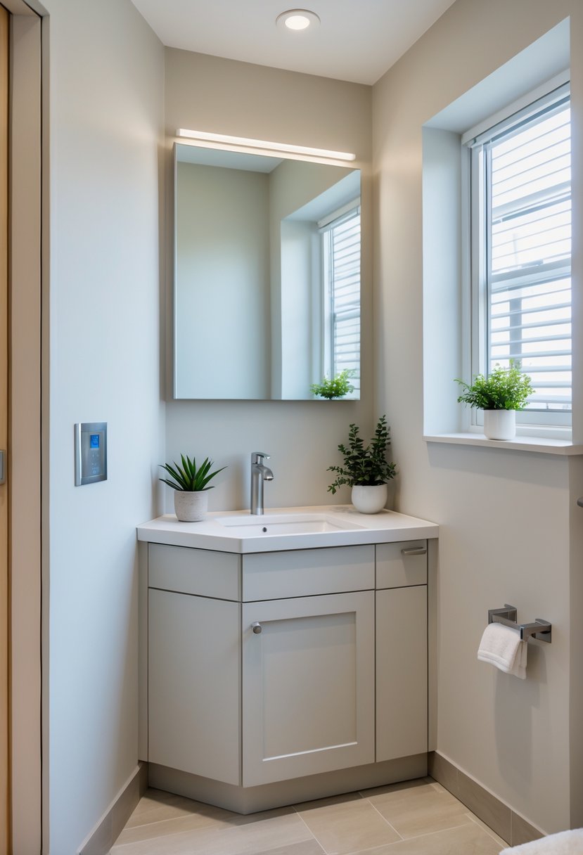 v2 11kmvq vnm5l Small bathroom with a corner vanity, sink, mirror, and a potted plant, showing efficient use of corner space.