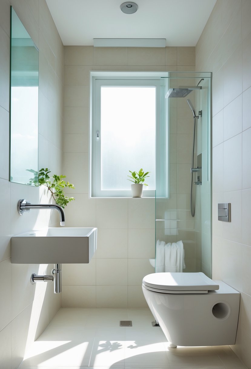 v2 11kmw6 uqp8m A small bathroom with large light-colored tiles, a wall-mounted sink, glass shower, and natural light creating a spacious feel.