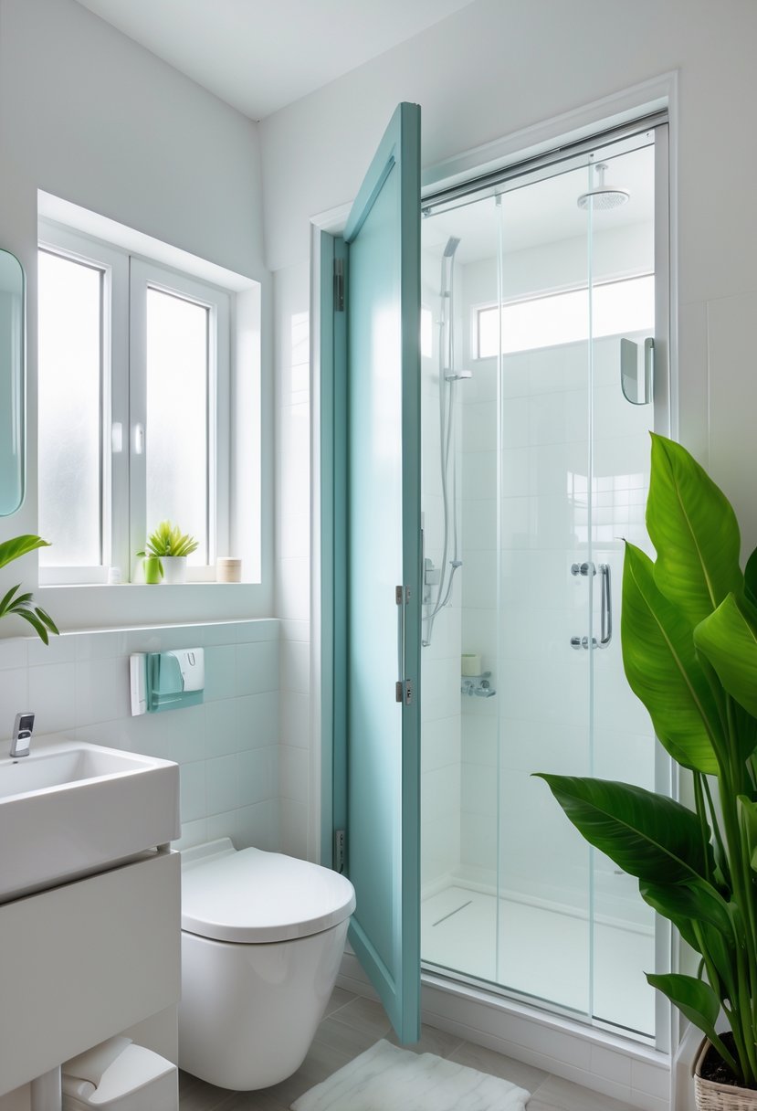 v2 11kmwo jyk8i A small bathroom with a pocket door open to save space, showing a white vanity, mirror, and shower area with natural light.