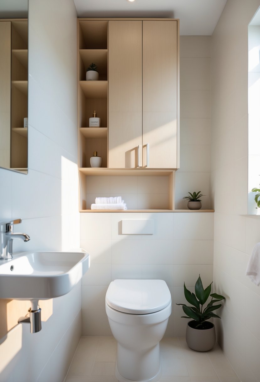 v2 11kmx2 235oc A small bathroom with an over-the-toilet cabinet installed above a white toilet, showing additional storage and a sink nearby.