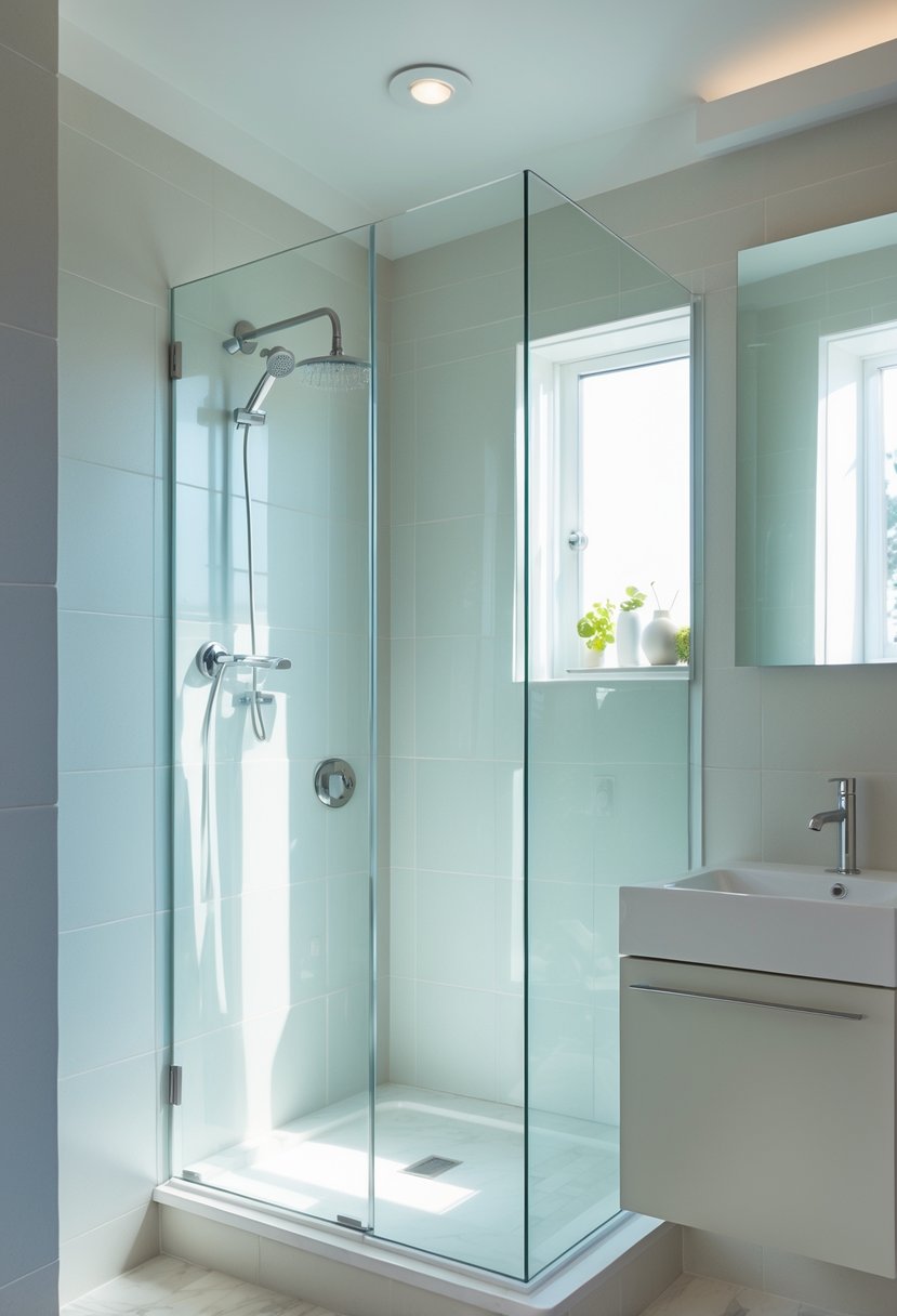 v2 11kmxj hje2b Small bathroom with a clear glass shower enclosure, white vanity, and light-colored tiles.