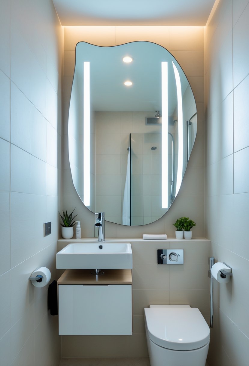 v2 11kmyc 9ykoo A small bathroom with a large decorative mirror that makes the space look bigger, featuring a sink, floating vanity, and light-colored tiles.