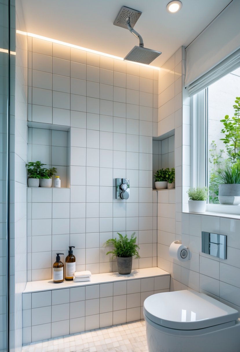 v2 11kmyv Small bathroom shower with built-in recessed shelves holding toiletries and a small plant.