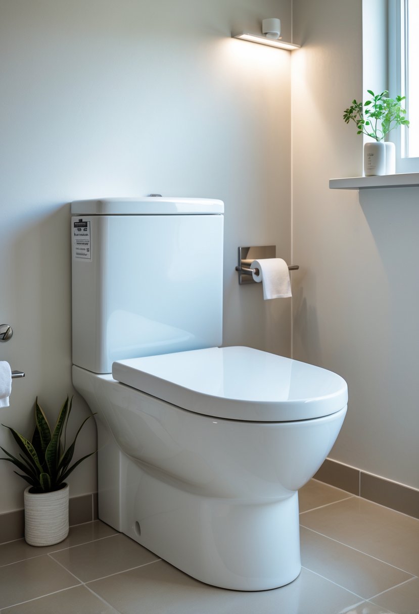 v2 11kmzb bg98c A small bathroom with a compact toilet featuring a slim tank, minimal decor, and natural lighting.