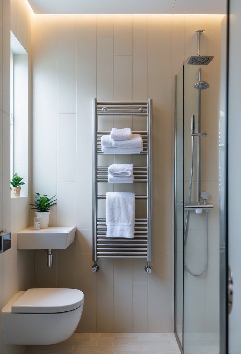 v2 11kmzp ijvje A small bathroom with a towel warmer mounted on a vertical wall holding towels, a sink with a mirror, and a toilet.
