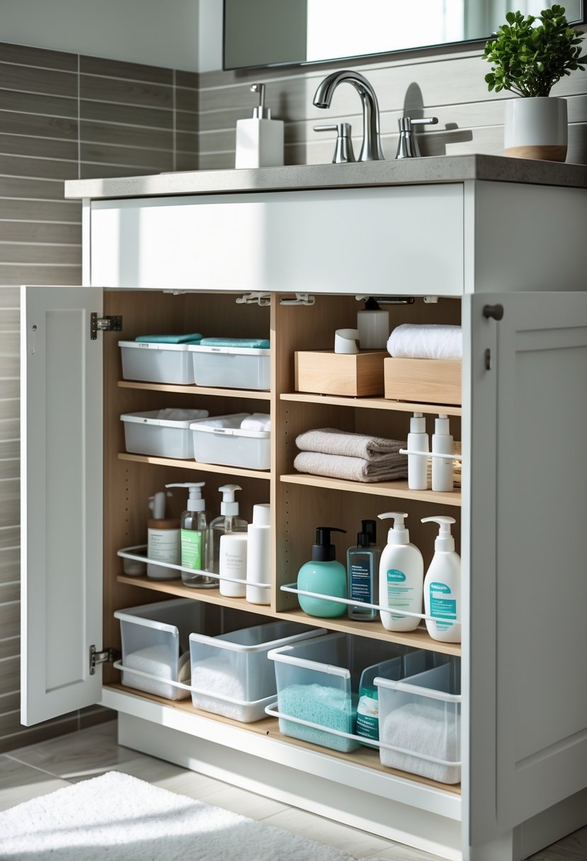 v2 11kn0n 6d1hk Open bathroom cabinet under the sink with organized storage bins holding toiletries and cleaning supplies.
