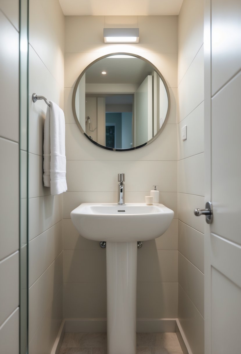 v2 11kn13 rt0ca A small bathroom with a white pedestal sink, a round mirror, and tiled floor.