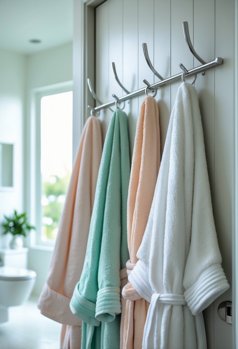 v2 11kn1h rqbtn Bathroom door with metal hooks holding robes and towels in a bright and tidy bathroom.