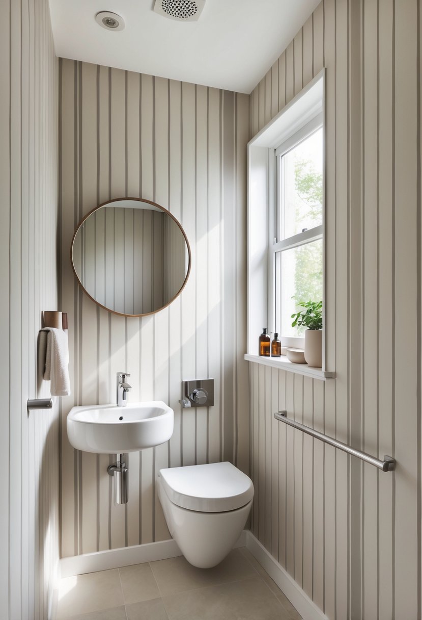 v2 11kn1x 2sl3p Small bathroom with vertical striped wallpaper, a white sink, round mirror, and natural light coming through a window.