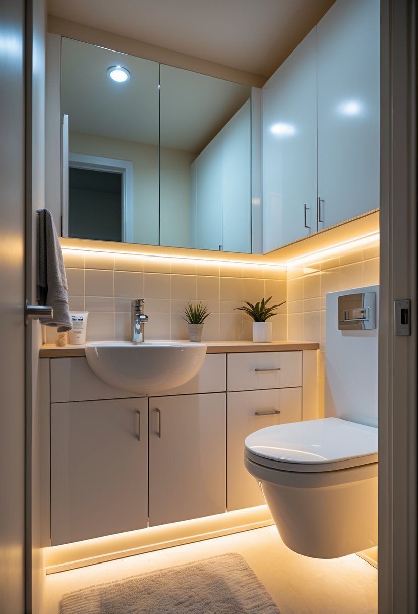 v2 11kn2d 0yisc Small modern bathroom with white cabinets and warm LED strip lighting installed under the cabinets illuminating the countertop.