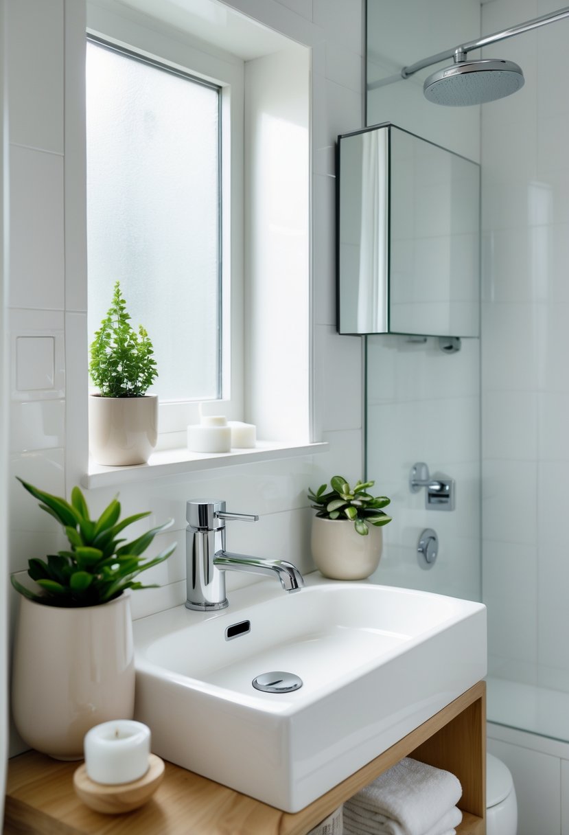 v2 11kn2s 7p6ro A small bathroom with a white sink, mirror, wooden shelf with towels, and a small green potted plant on the countertop.