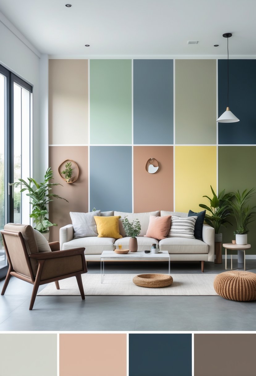 v2 11kn5i A living room divided into sections showing 15 different wall paint colors with modern furniture and natural light.
