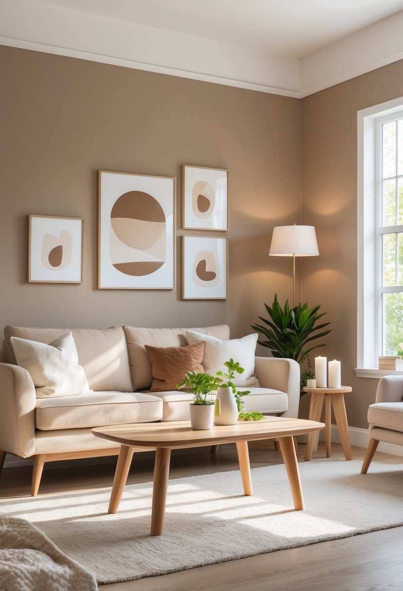 v2 11kn5z elcg9 A living room with warm taupe walls, a beige sofa, wooden coffee table, green plants, large windows, and cozy decor.