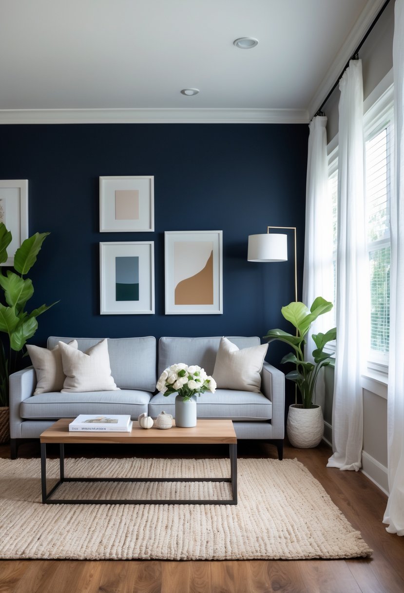 v2 11kn6e nkm8g A living room with a deep navy blue accent wall, a gray sofa, wooden coffee table, large windows, and indoor plants.