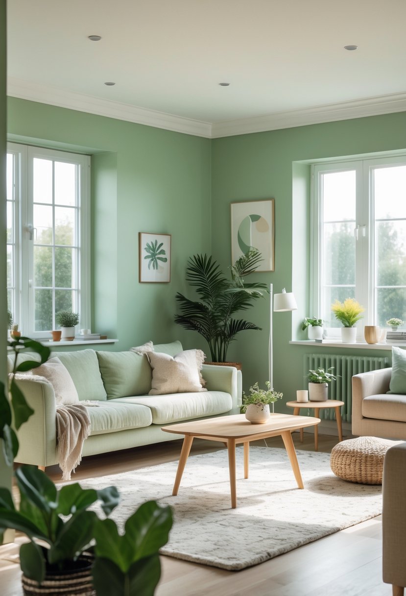 v2 11kn6t gl0md A living room with soft sage green walls, a beige sofa, wooden coffee table, plants, and natural light coming through large windows.
