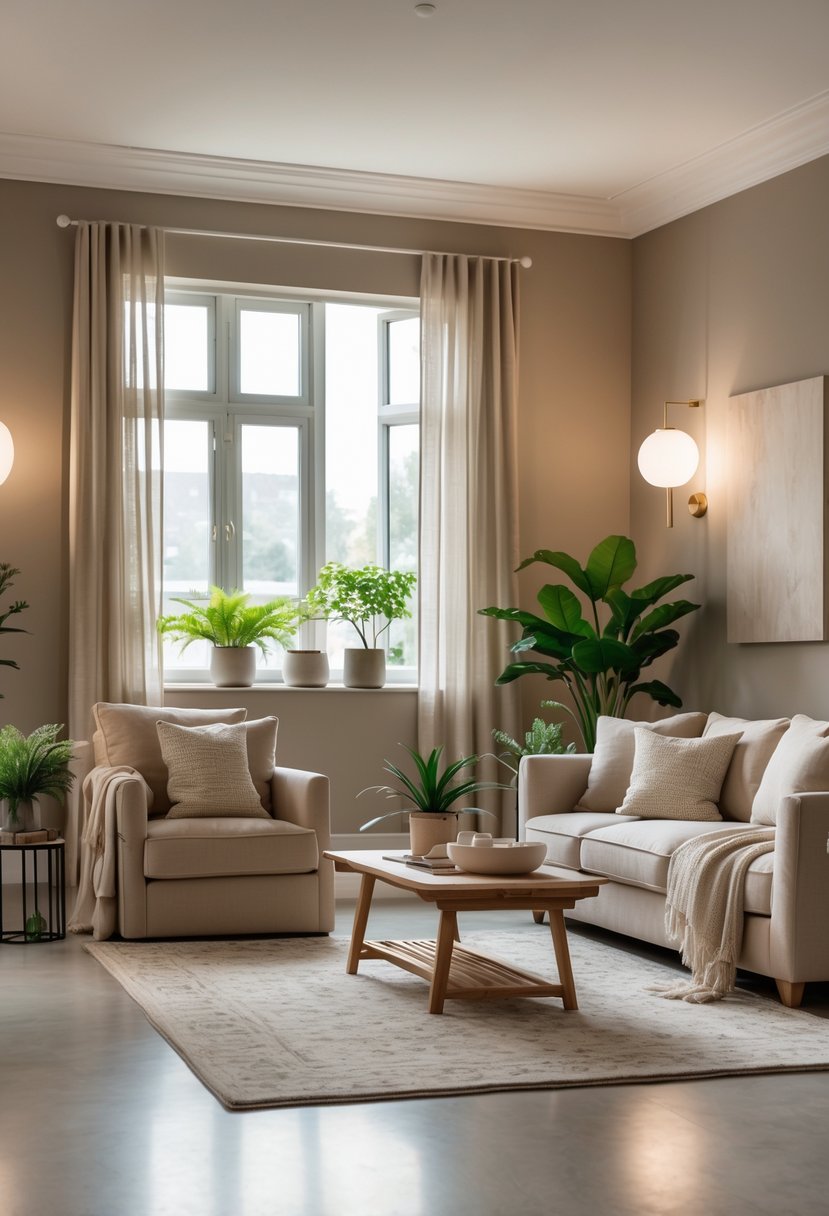 v2 11kn79 ol0t4 A living room with neutral-toned walls, a beige sofa, wooden coffee table, plants, and large windows letting in natural light.