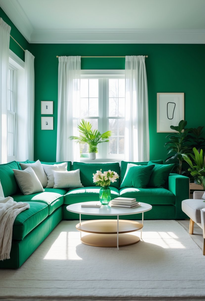 v2 11kn7o 9bm3r A living room with rich emerald green walls, a comfortable sofa, coffee table, indoor plants, and large windows letting in natural light.