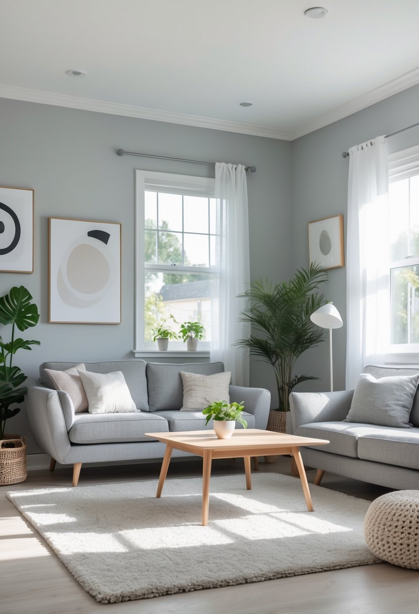 v2 11kn84 21qel A living room with light gray walls, a gray sofa, wooden coffee table, plants, and large windows letting in natural light.