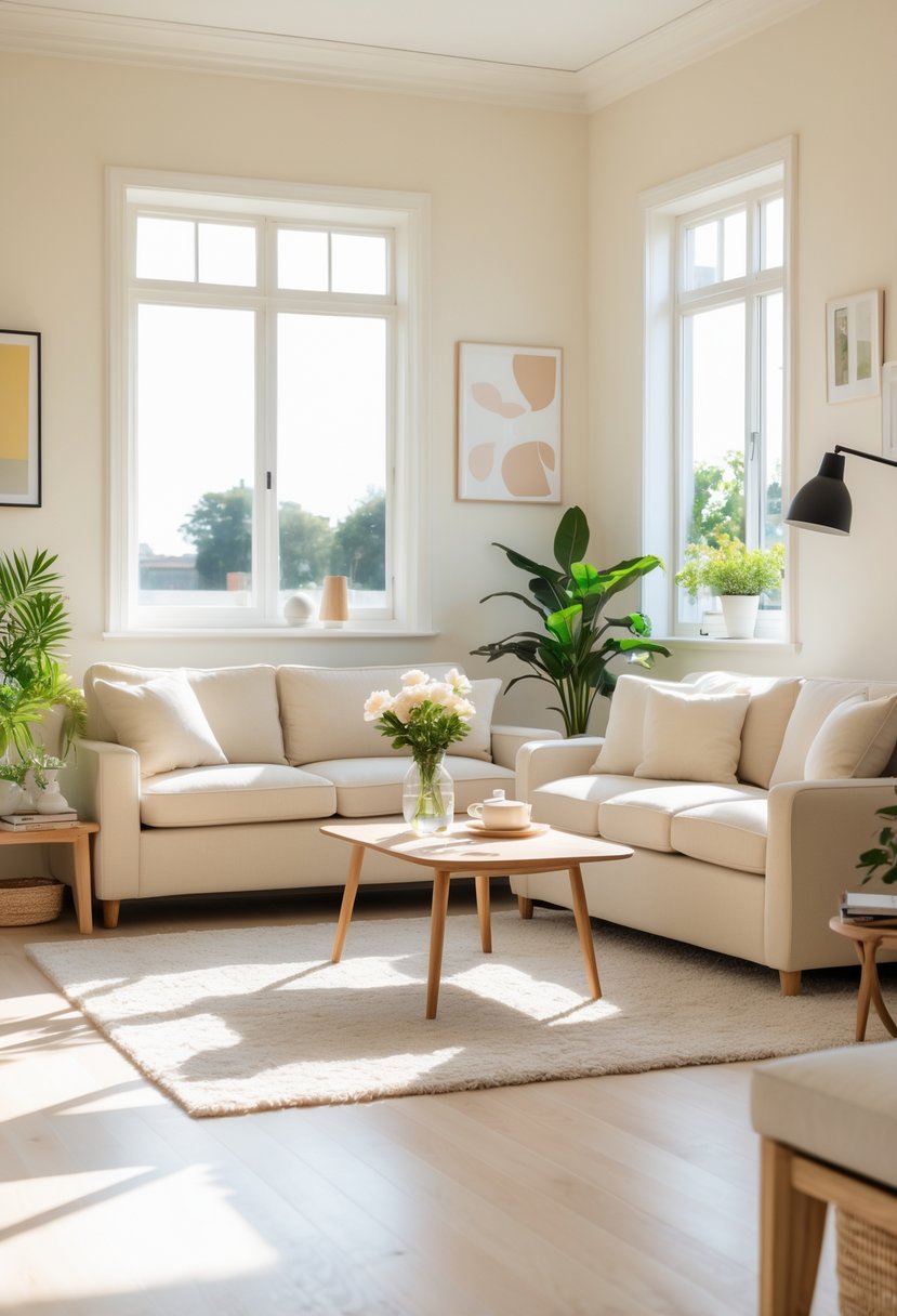 v2 11kn8k Living room with creamy off-white walls, beige sofa, wooden coffee table, and large windows letting in natural light.