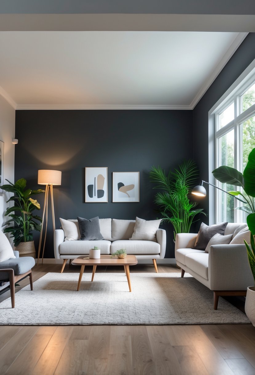 v2 11kn91 akftj A living room with charcoal gray walls, a light sofa, wooden coffee table, plants, and warm lighting.