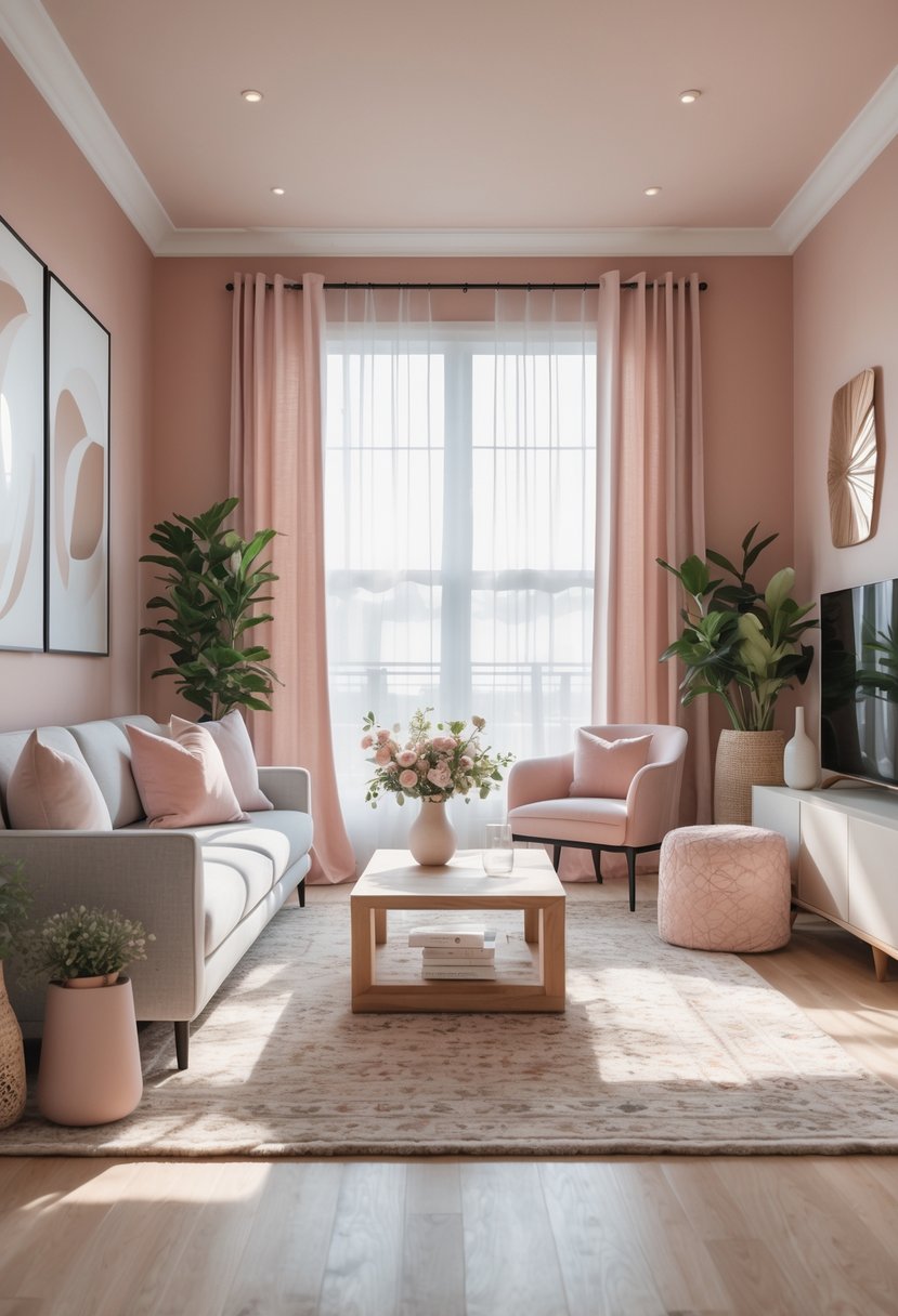 v2 11kn9g 5kl7a A spacious living room with dusty rose blush colored walls, a gray sofa, wooden coffee table, plants, and large windows letting in natural light.