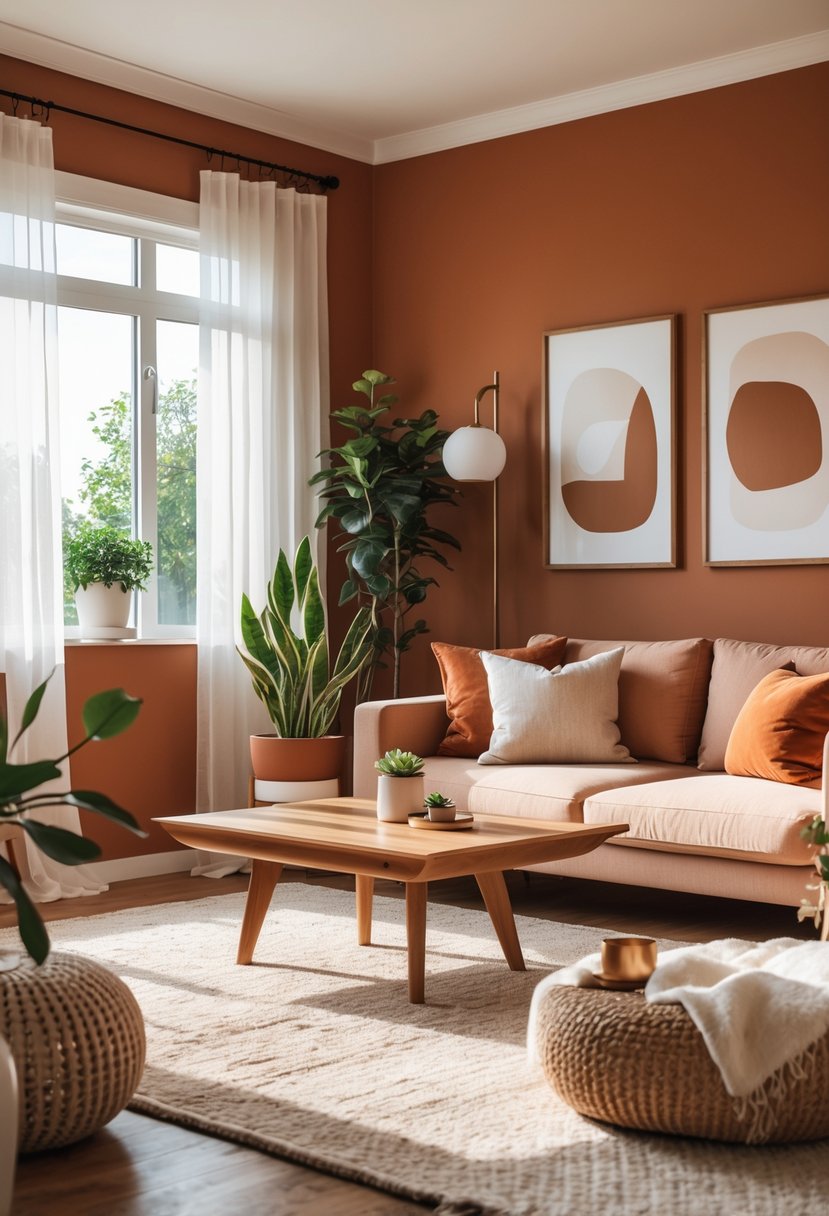 v2 11kn9t A living room with warm terracotta colored walls, a beige sofa, wooden coffee table, indoor plants, and natural light coming through large windows.