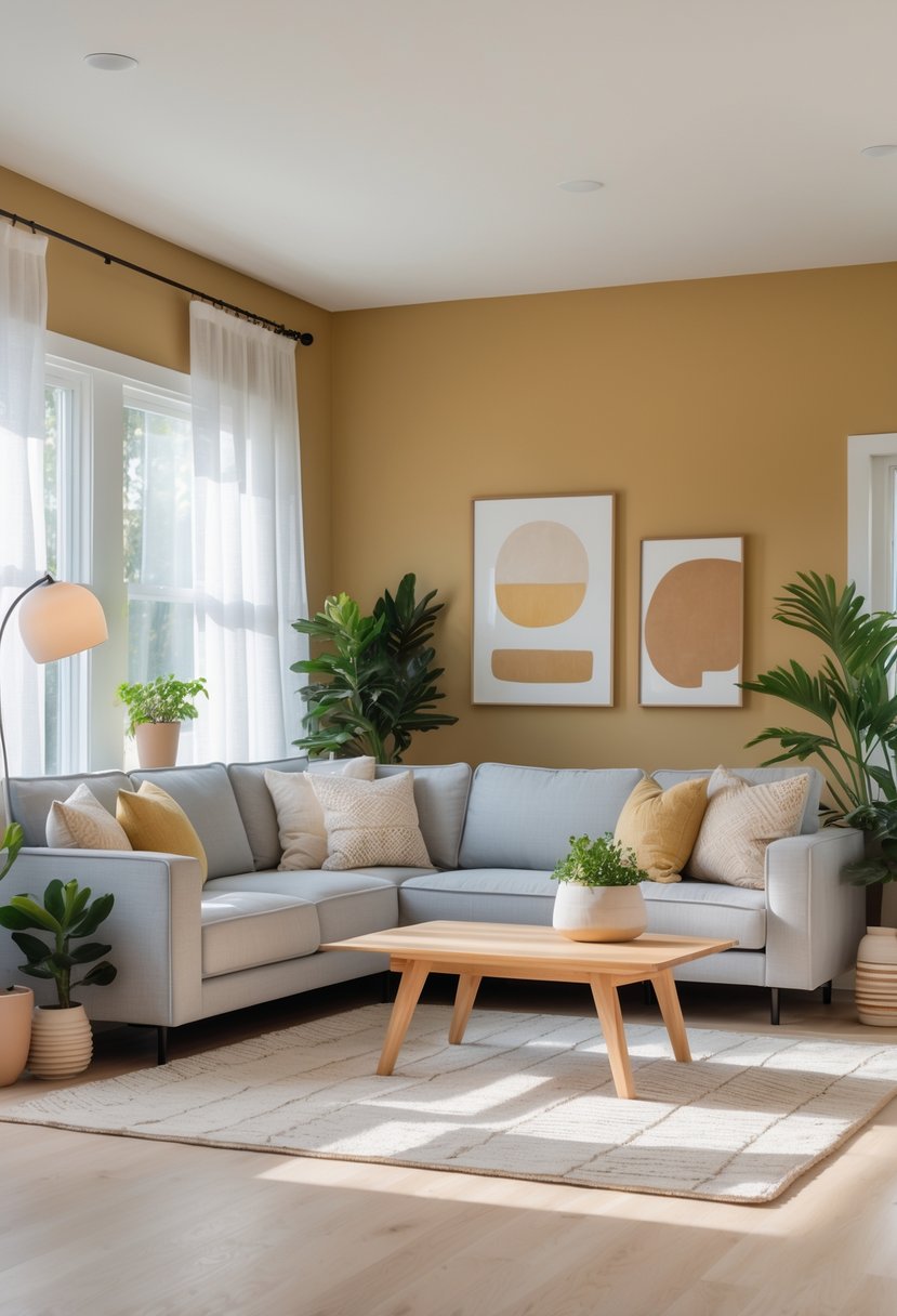 v2 11kna7 9cm79 A living room with walls painted in muted mustard yellow, featuring a gray sofa, wooden coffee table, indoor plants, and large windows letting in natural light.