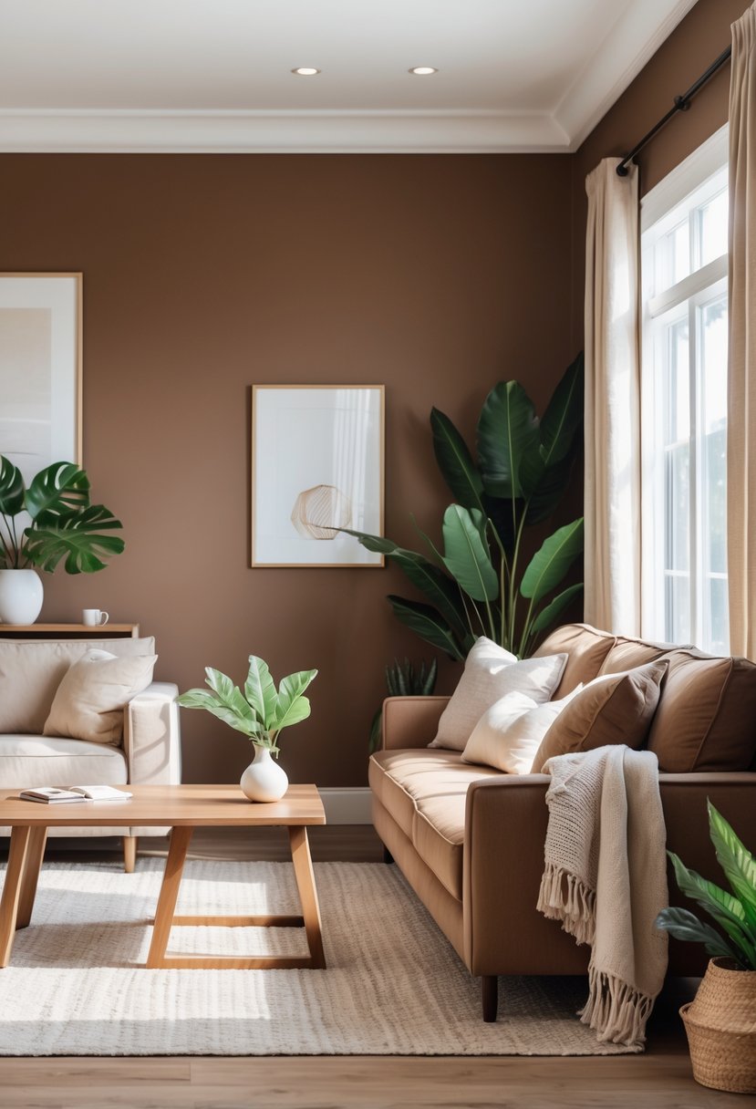 v2 11knb5 vlmr3 Living room with cocoa brown walls, beige sofa, wooden coffee table, plants, and natural light.