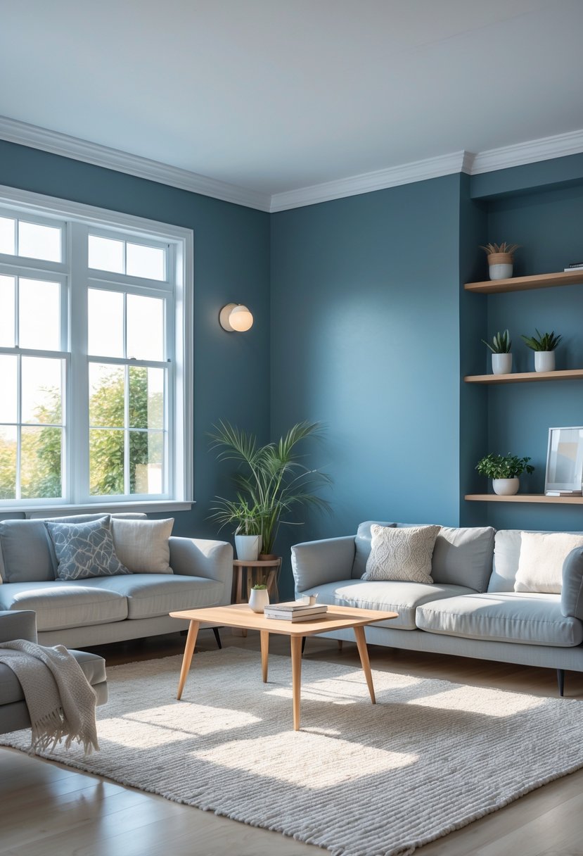 v2 11knbj sh37n A living room with slate blue walls, a gray sofa, wooden coffee table, and large windows letting in natural light.