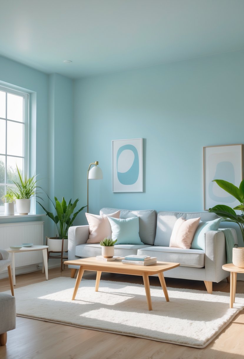 v2 11kncg b7tnh A living room with pale powder blue walls, a gray sofa, wooden coffee table, indoor plants, and natural sunlight coming through large windows.
