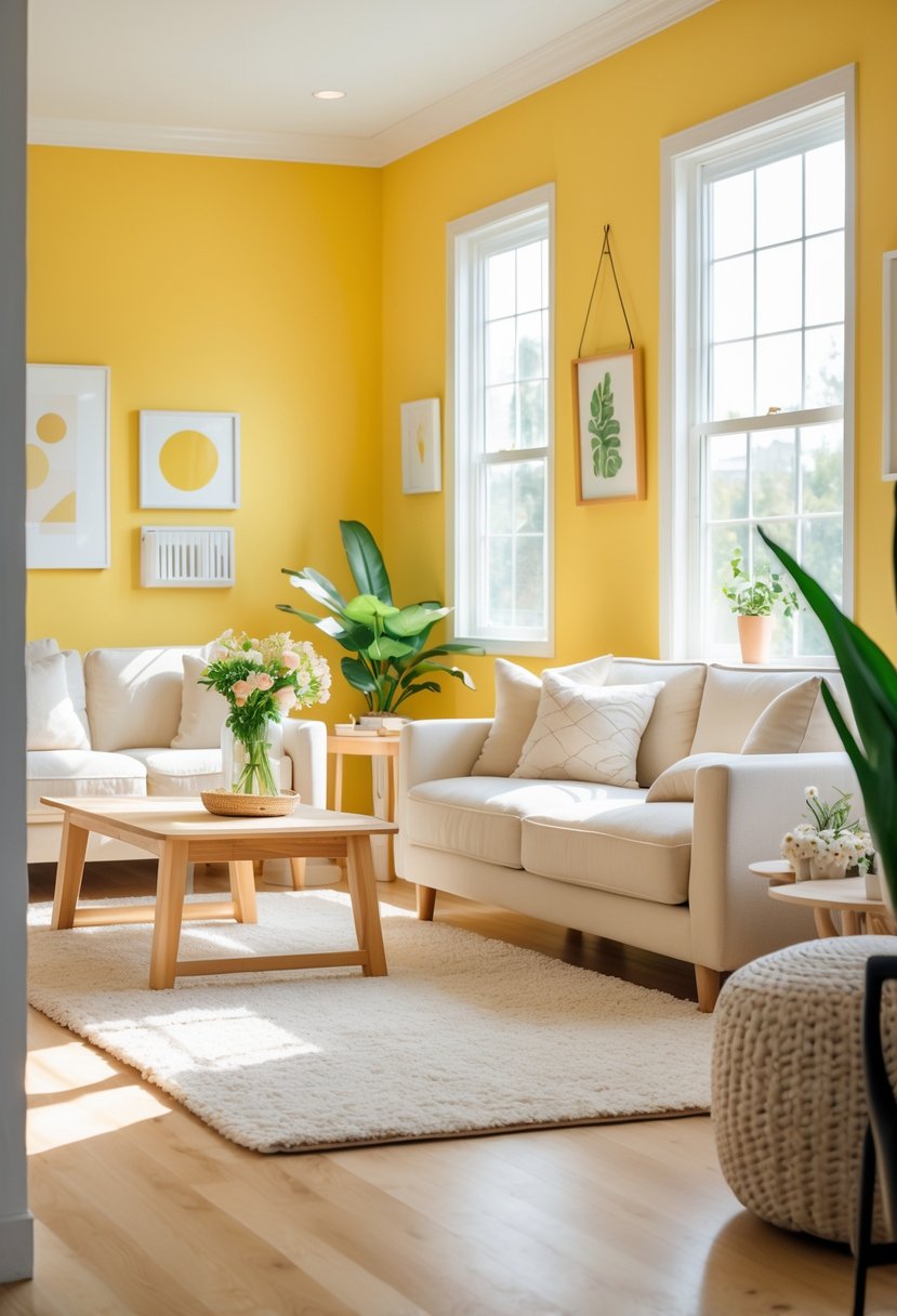 v2 11kncx rzkwn A living room with sunny yellow walls, beige sofa, wooden coffee table, and large window letting in natural light.