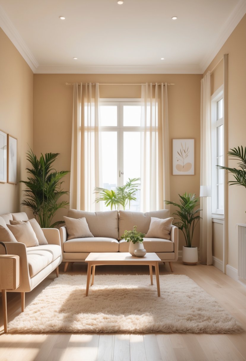 v2 11kndc hndky A living room with beige walls, a sofa, coffee table, plants, and natural light coming through large windows.