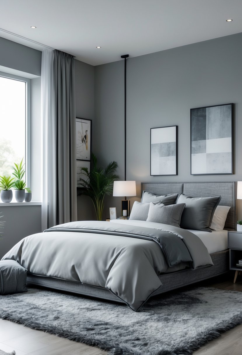 v2 11kngk louu5 A bedroom with a grey bed, grey walls, bedside tables, lamps, plants, and a window letting in natural light.
