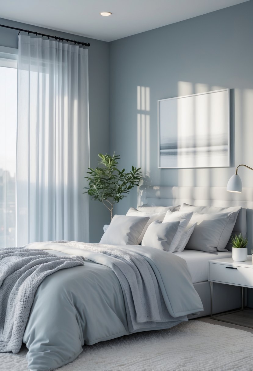 v2 11kngy ism6b A peaceful bedroom with soft gray walls, a neatly made bed, bedside table with a lamp and plant, and natural light coming through sheer curtains.