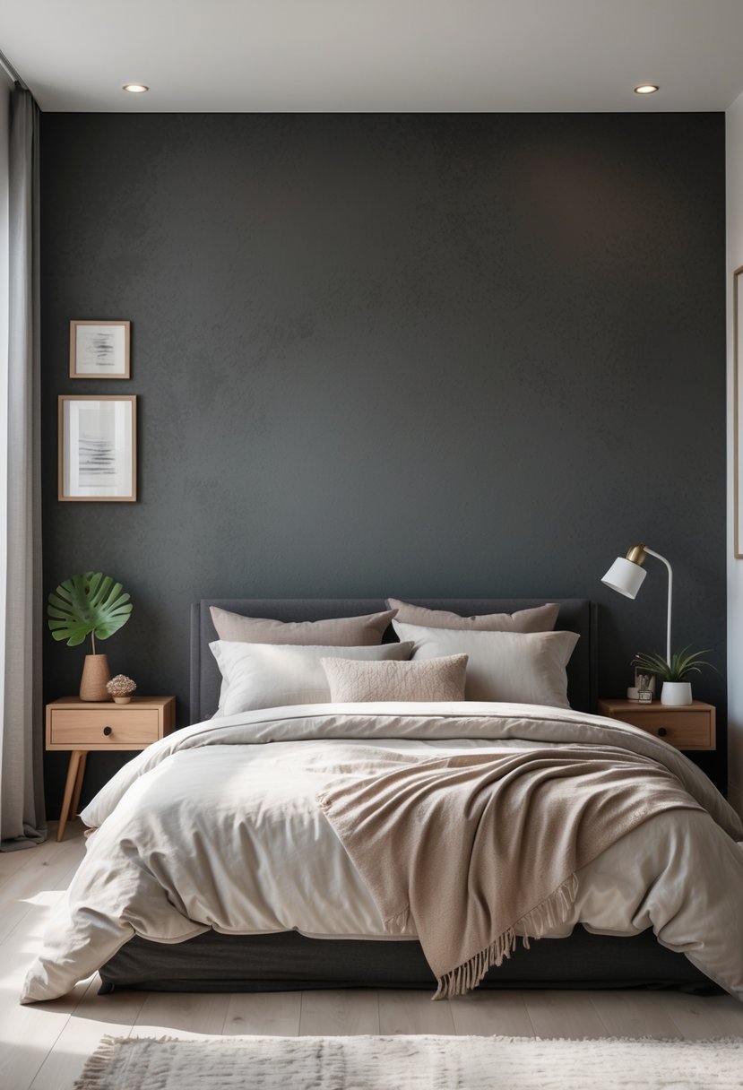 v2 11knhd 565f5 A bedroom with a charcoal gray accent wall, a neatly made bed, a nightstand with a lamp, and a plant.