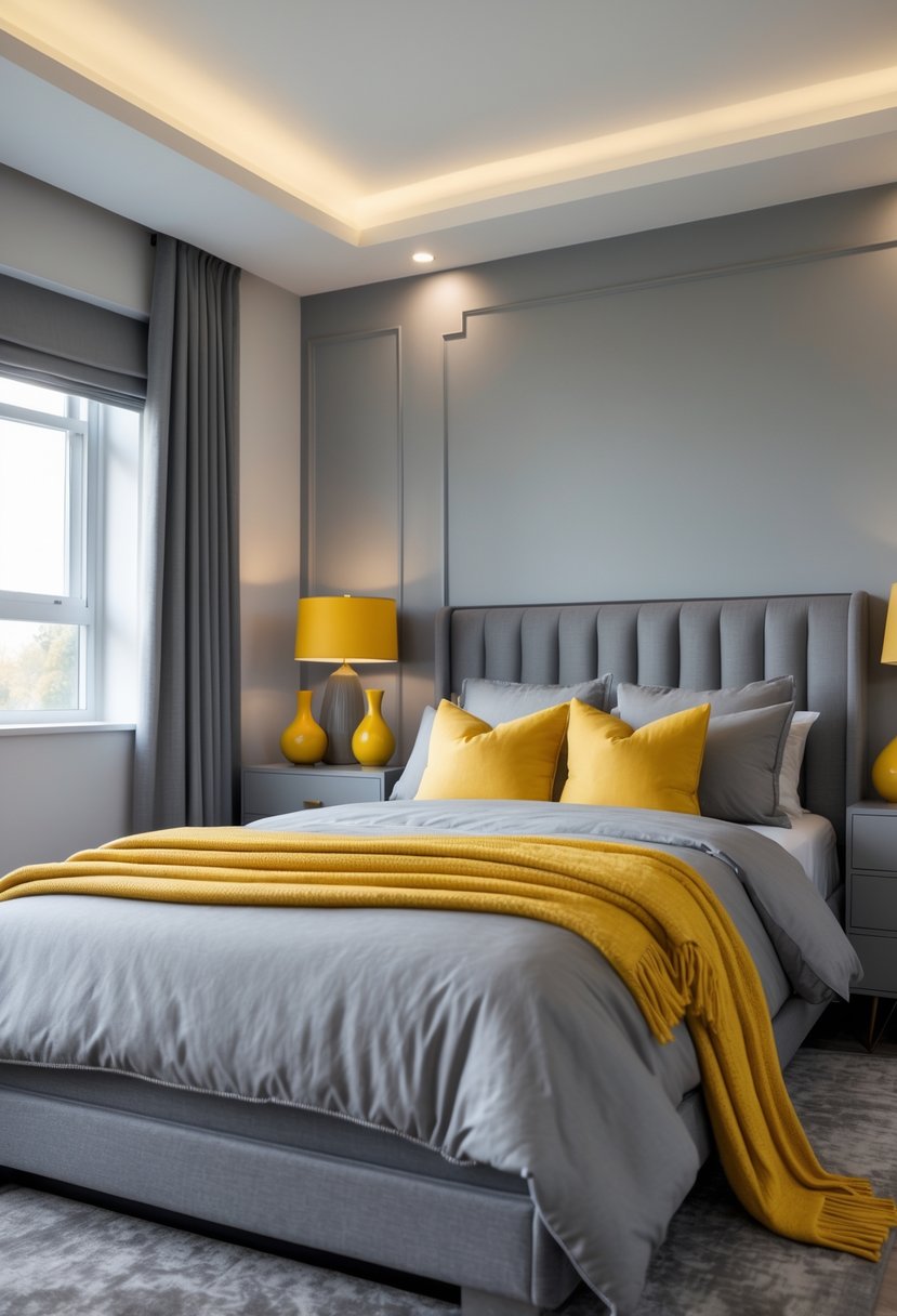 v2 11knhs A bedroom with gray walls, a bed with gray bedding and mustard yellow pillows, and matching bedside tables with lamps.