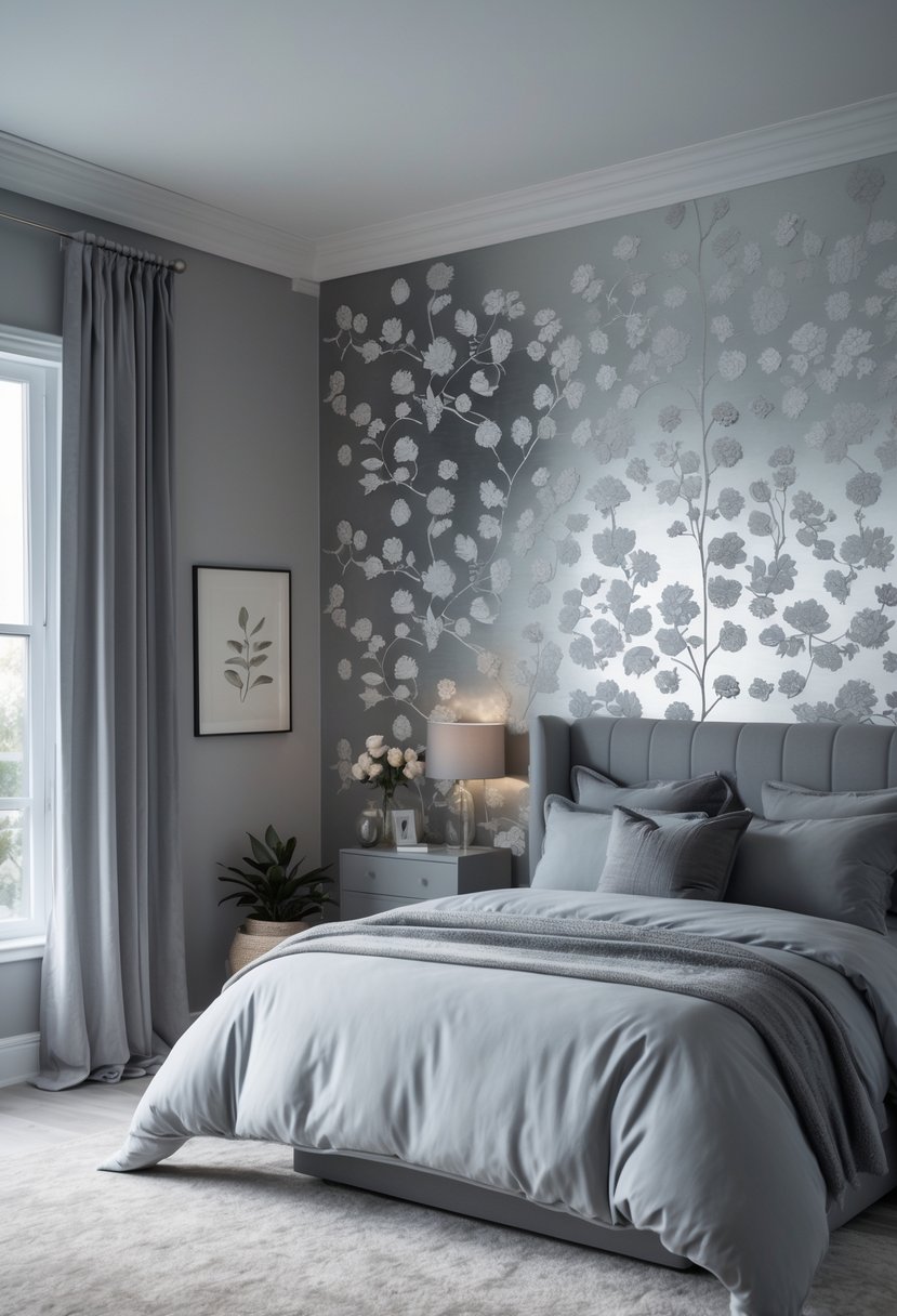 v2 11kni8 a9yr2 A bedroom with one wall covered in silver floral wallpaper and grey bedding and furniture.