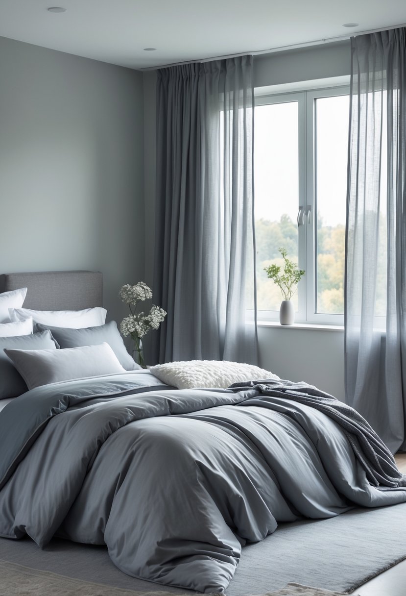 v2 11knin A bedroom with layered gray bedding and matching gray curtains framing a window, featuring a neat bed and soft natural light.