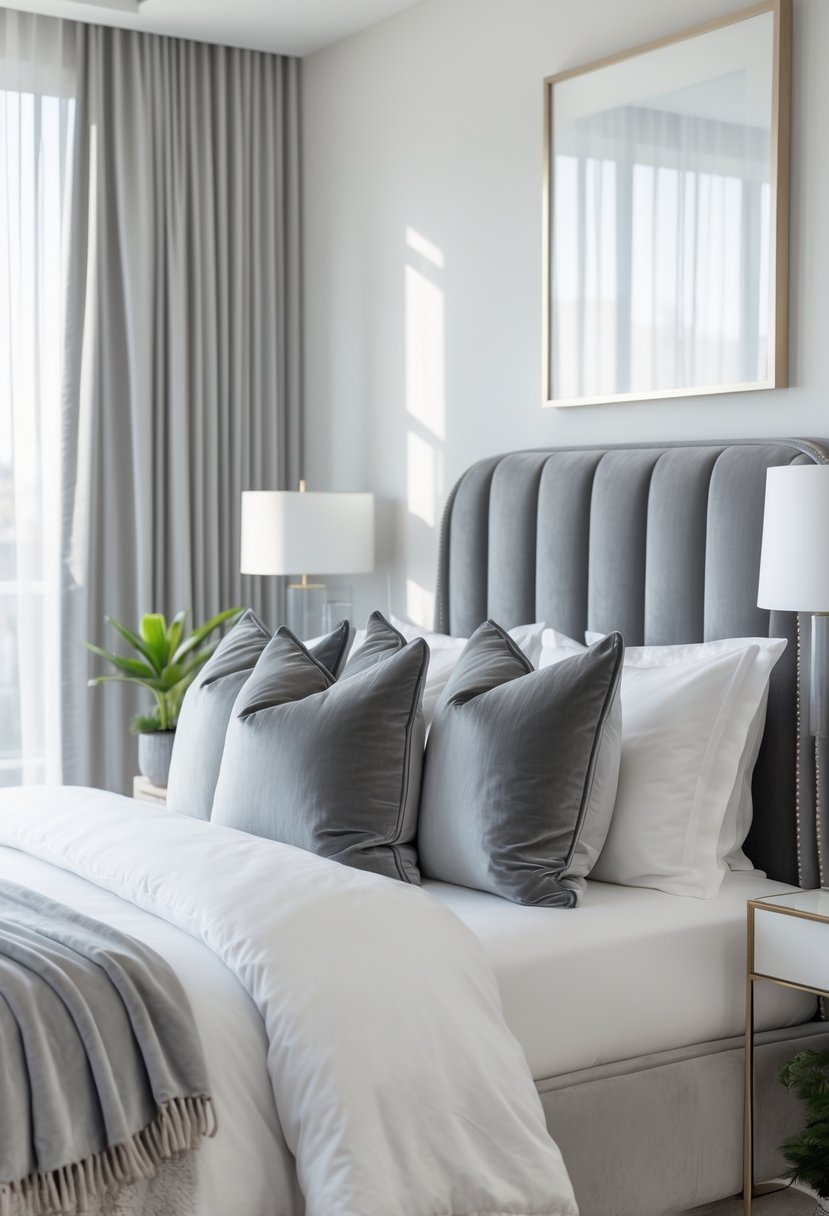 v2 11knj3 sr35d A bedroom with a bed covered in gray velvet throw pillows and white bedding, lit by natural light from a window.
