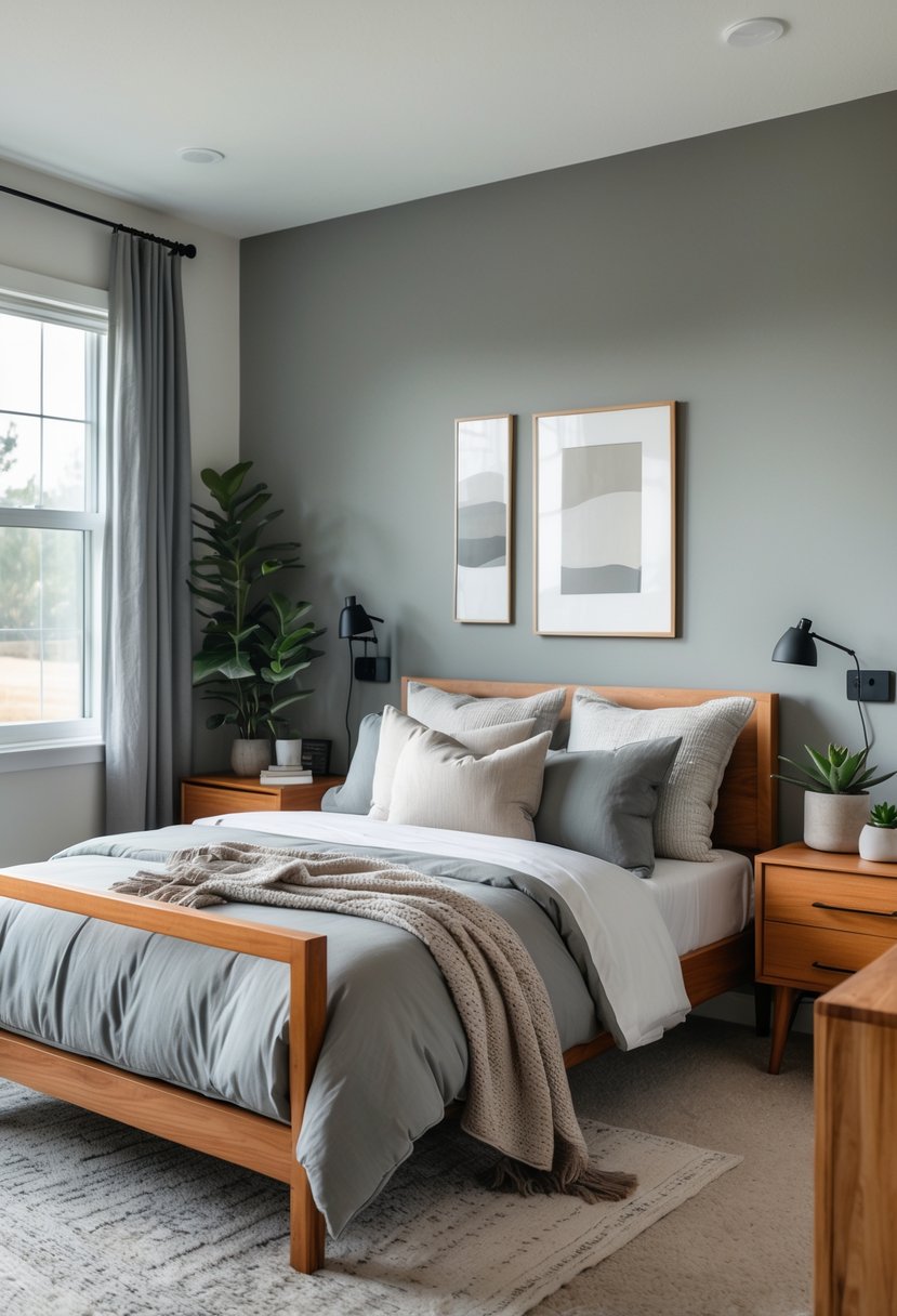 v2 11knjk 7ngoc A bedroom with gray walls and bedding, featuring warm wooden furniture including a bed frame and nightstands, with natural light coming through a window.
