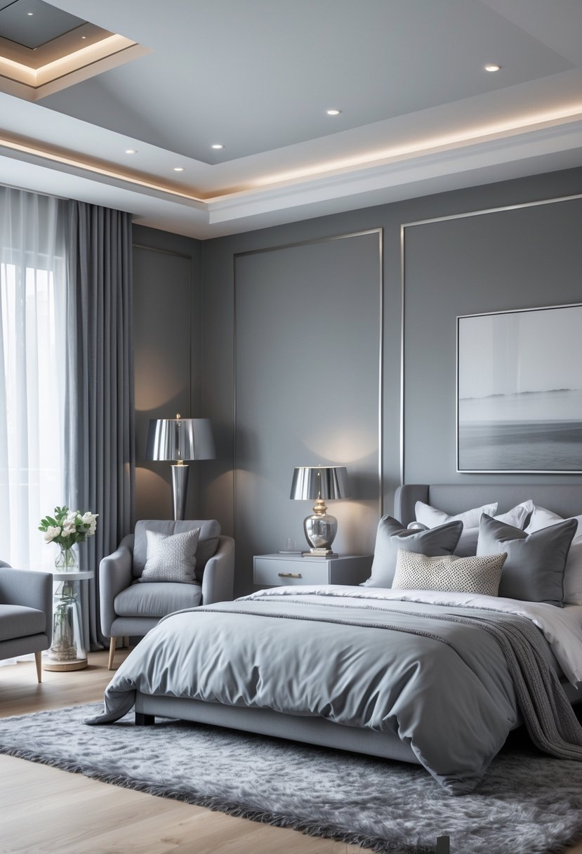 v2 11knjy tti99 A grey-themed bedroom with a bed, metallic silver lamps on bedside tables, and modern furniture in a well-lit setting.