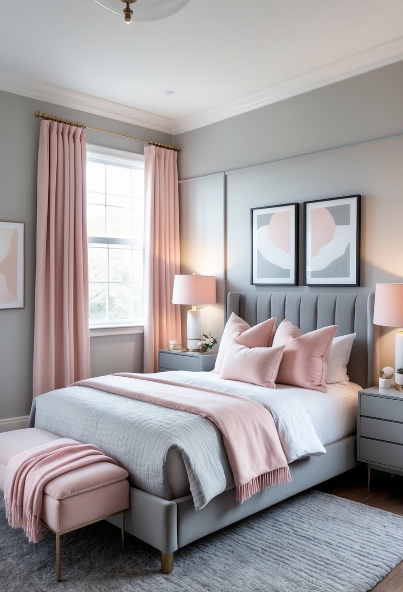 v2 11knki n4i7m A bedroom with a gray bed, blush pink pillows and blanket, gray walls, pink curtains, bedside tables with lamps, and artwork on the walls.