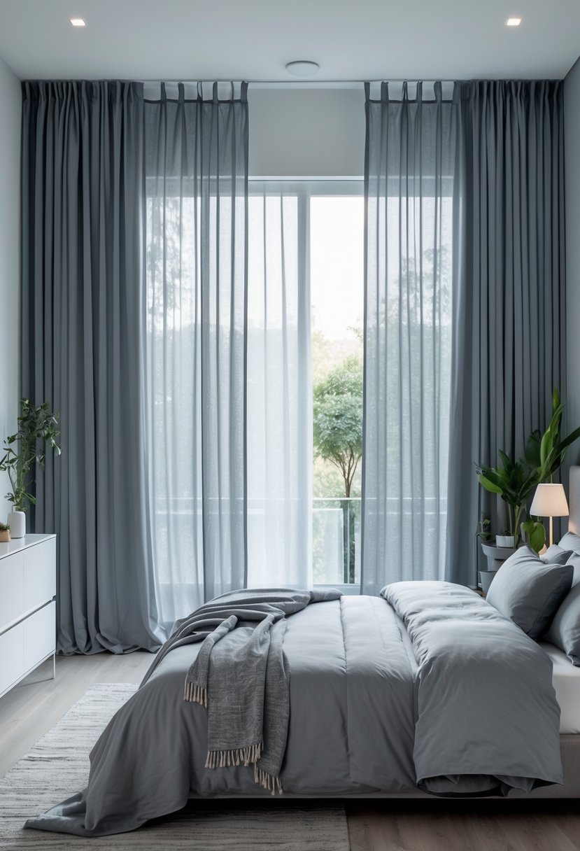 v2 11knlc d8sbc A bedroom with floor-to-ceiling gray drapes covering a large window, a neatly made bed with gray bedding, and soft natural light filling the room.