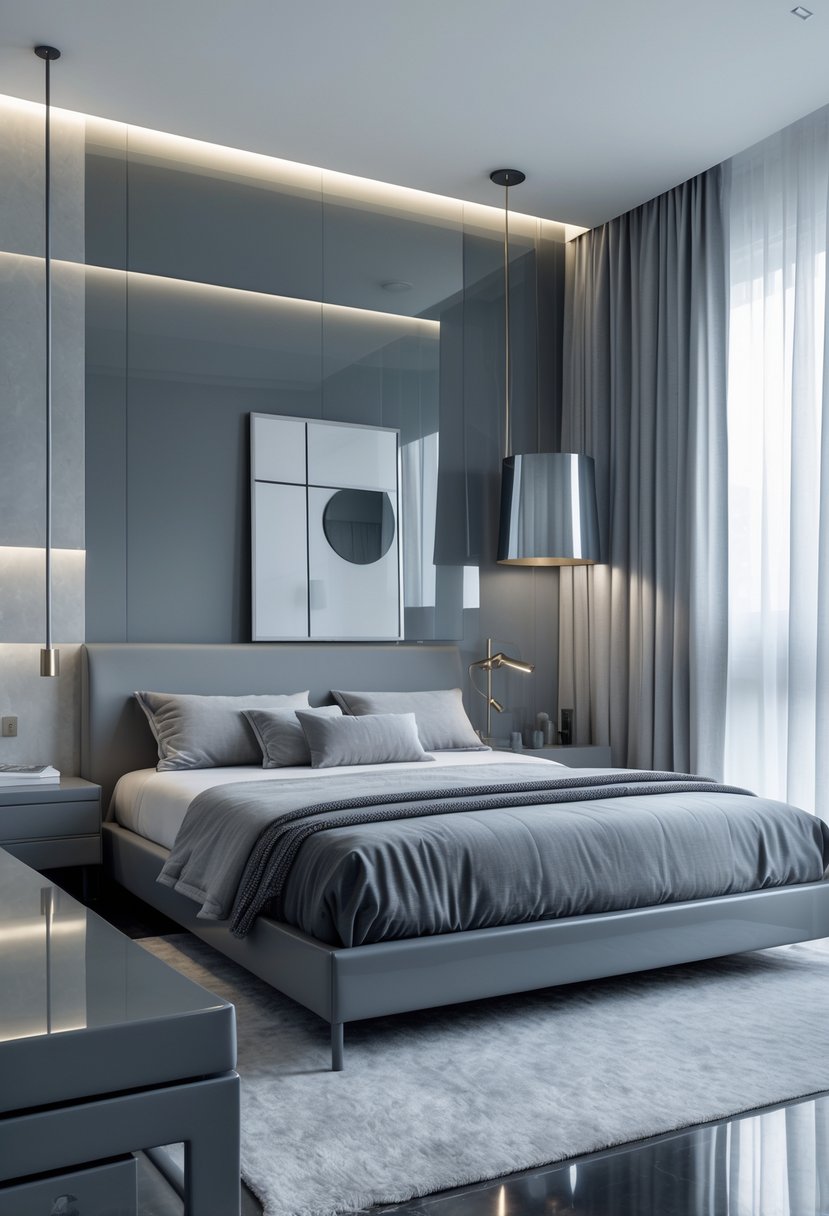 v2 11knln mlllr A modern bedroom with gray bed, nightstands, and walls featuring a mix of matte and glossy finishes, lit by natural light through sheer curtains.