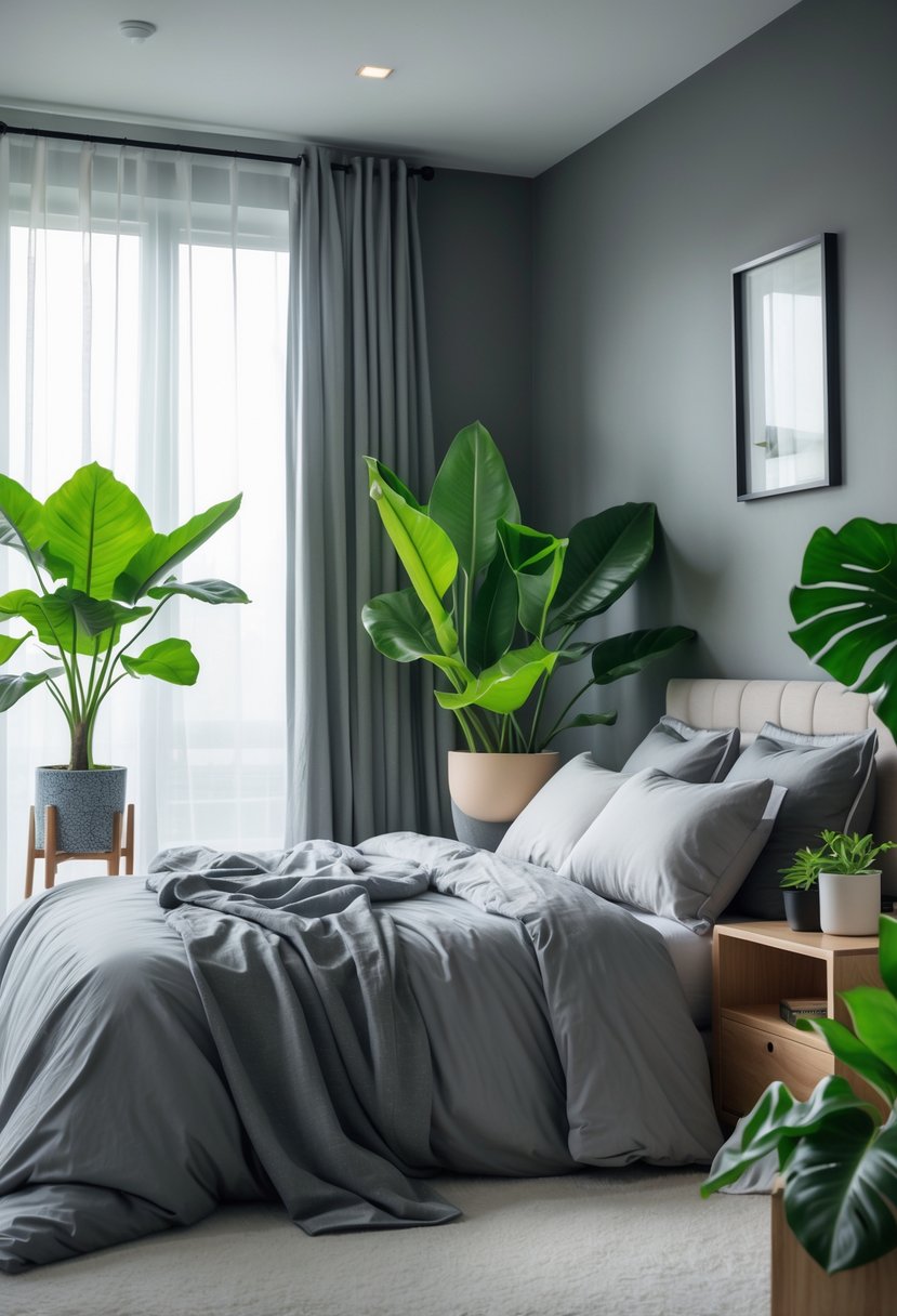 v2 11knlx f504n A bedroom with gray walls and bedding, decorated with several green plants near the bed and window.